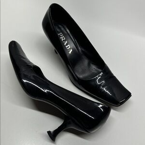 Prada Kitten Heels Square Toe Patent Leather High Heel Shoes Black Size 7.5